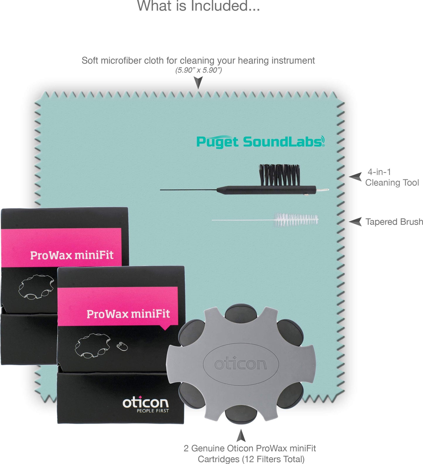Oticon Prowax Minifit Replacement Wax Filters for Hearing Aids Bundled with Puget SoundLabs Hearing Aid Brush for Wax Guards, Vent Cleaning Tool, Microfiber Cleaning Cloth Kit (2 Pack)