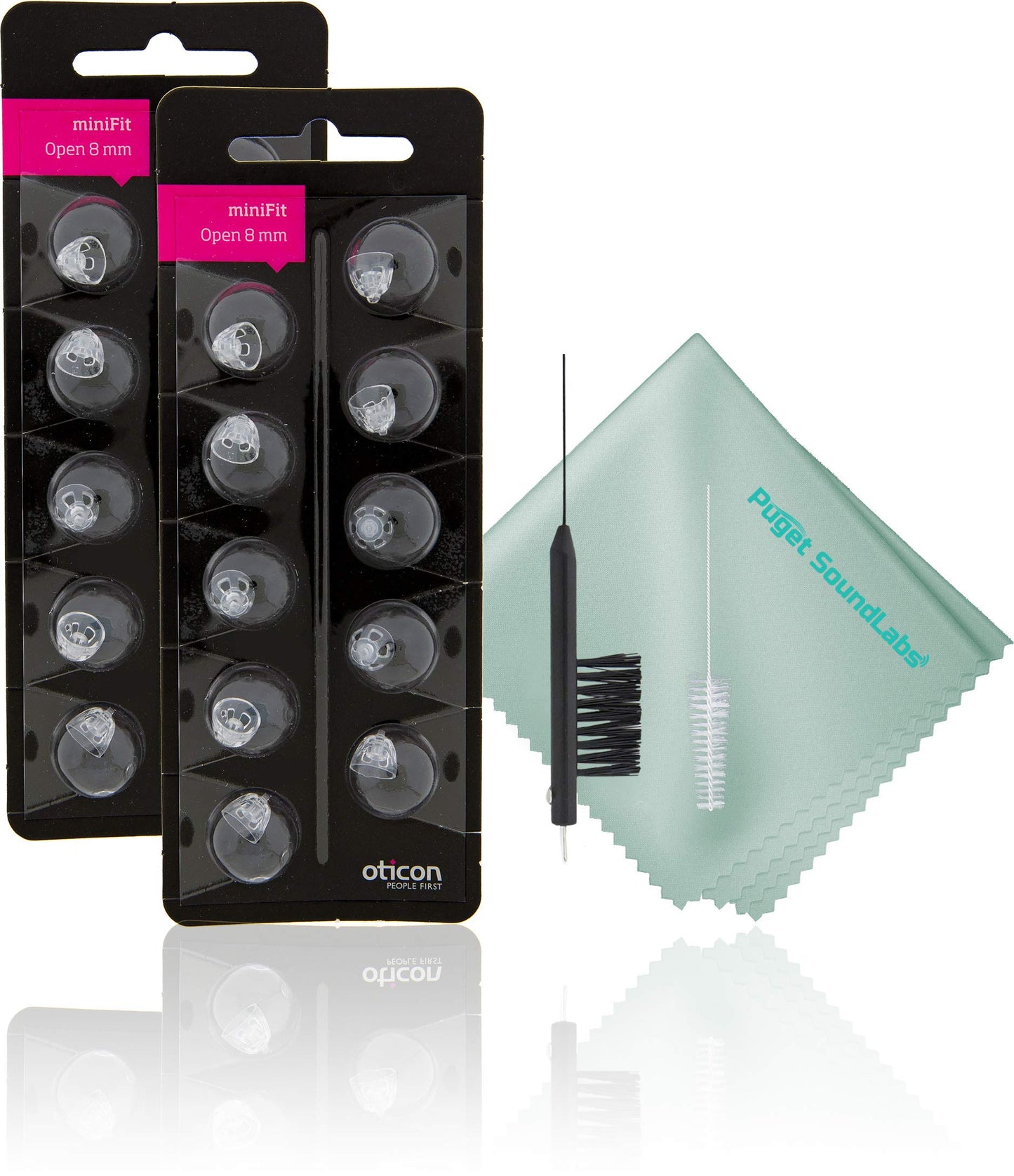 Oticon Minifit Open 8mm Dome Piece Bundled with Puget SoundLabs Hearing Aid Cleaning Brush, Vent Cleaning Tool, and Microfiber Cleaning Cloth (2 Packs) (20 Domes)