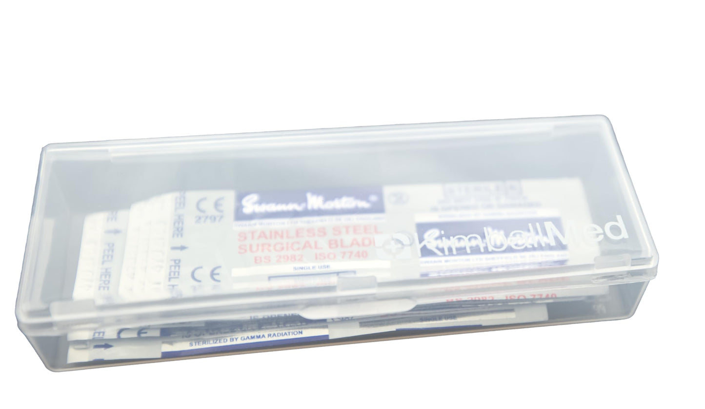 Dermaplaning Kit with Swann Morton 10R Dermaplaning Blades (100ct.) No 3 Handle, Kimball Med Storage Box, Compatible Hemostat for Installing Dermaplane Blades