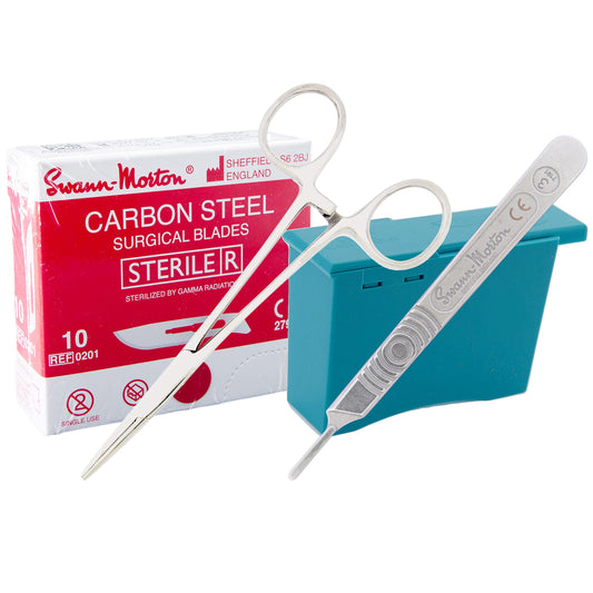 Swann Morton Scalpel Blades #10 Sterile Surgical Blades, Carbon Steel (individually packed, box of 100), Swann Morton Blade Remover, Kelly Hemostat for Ease in Adding/Removing Blades