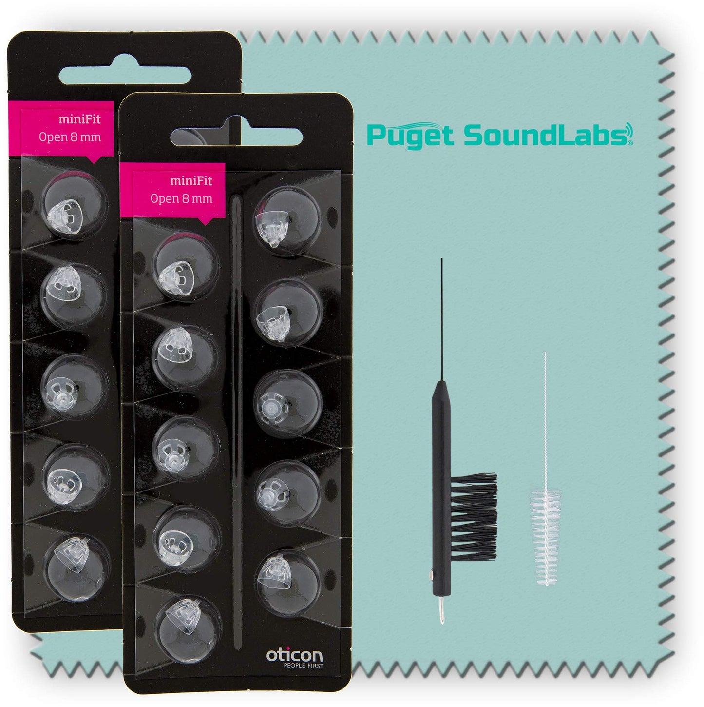 Oticon Minifit Open 8mm Dome Piece Bundled with Puget SoundLabs Hearing Aid Cleaning Brush, Vent Cleaning Tool, and Microfiber Cleaning Cloth (2 Packs) (20 Domes)