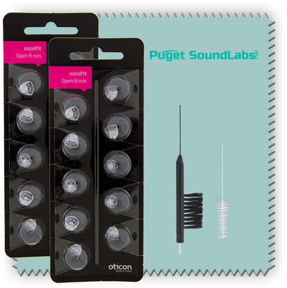 Oticon Minifit Open 8mm Dome Piece Bundled with Puget SoundLabs Hearing Aid Cleaning Brush, Vent Cleaning Tool, and Microfiber Cleaning Cloth (2 Packs) (20 Domes)