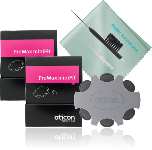 Oticon Prowax Minifit Replacement Wax Filters for Hearing Aids Bundled with Puget SoundLabs Hearing Aid Brush for Wax Guards, Vent Cleaning Tool, Microfiber Cleaning Cloth Kit (2 Pack)
