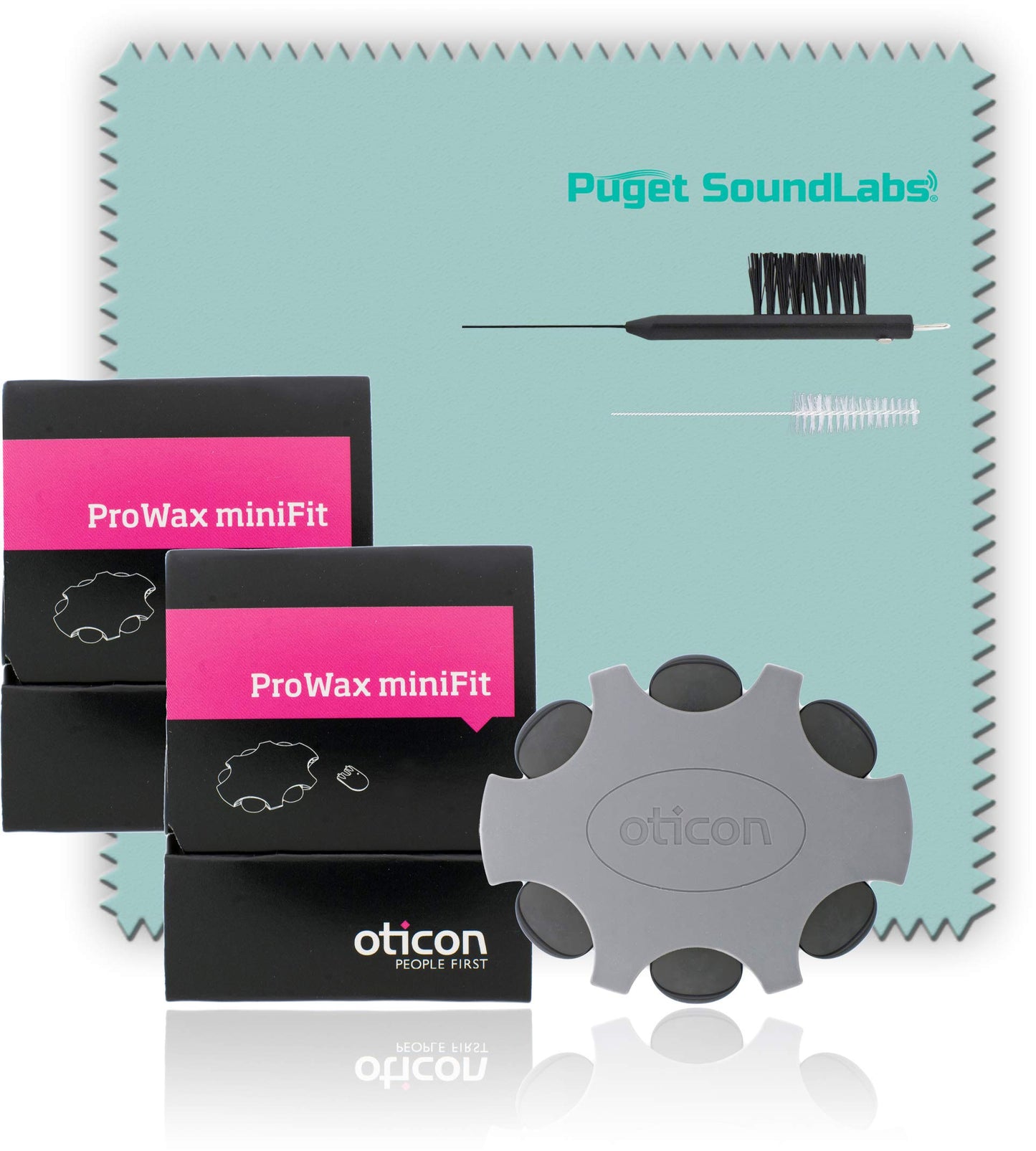 Oticon Prowax Minifit Replacement Wax Filters for Hearing Aids Bundled with Puget SoundLabs Hearing Aid Brush for Wax Guards, Vent Cleaning Tool, Microfiber Cleaning Cloth Kit (2 Pack)