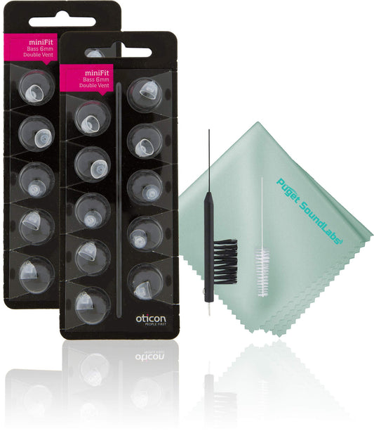 Oticon Minifit Small 6mm Double Vent Bass Domes 20 Pack Bundled with Puget SoundLabs Hearing Aid Cleaning Tool Kit